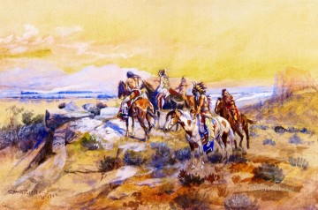 horse cats Painting - watching the iron horse 1902 Charles Marion Russell American Indians